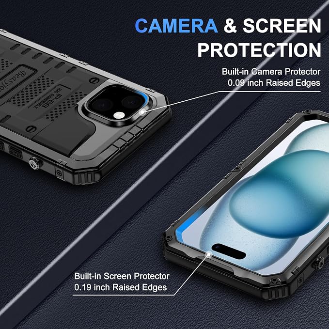 Beasyjoy for iPhone 15 Case Waterproof, Metal Heavy Duty Full Body Protective Case with Built-in Screen Protector, Military Grade Shockproof Dustproof Defender Rugged Cover for iPhone 15 6.1" Black