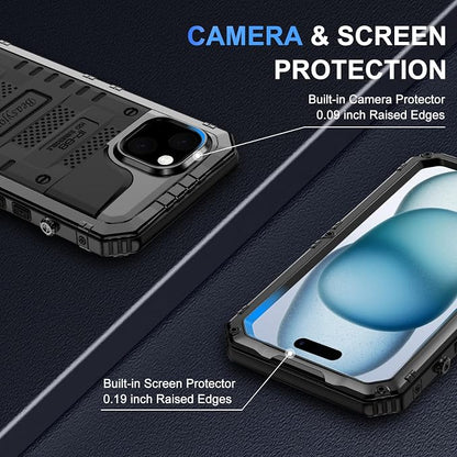 Beasyjoy for iPhone 15 Case Waterproof, Metal Heavy Duty Full Body Protective Case with Built-in Screen Protector, Military Grade Shockproof Dustproof Defender Rugged Cover for iPhone 15 6.1" Black