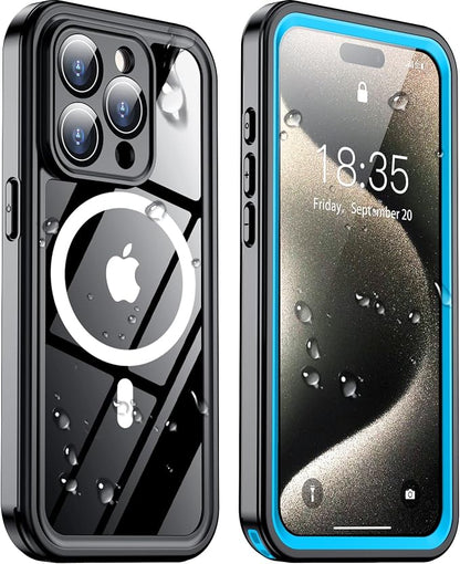 Temdan Magnetic for iPhone 15 Pro Max Case Waterproof,Built-in Screen Protector[IP68 Underwater][Upgrade Military Dropproof][Compatible with MagSafe] Full Body Shockproof Case-Blue