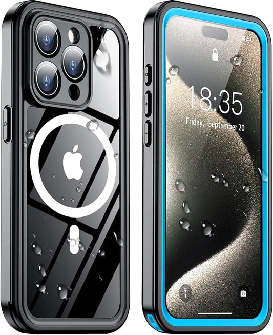Temdan Magnetic for iPhone 15 Pro Max Case Waterproof,Built-in Screen Protector[IP68 Underwater][Upgrade Military Dropproof][Compatible with MagSafe] Full Body Shockproof Case-Blue