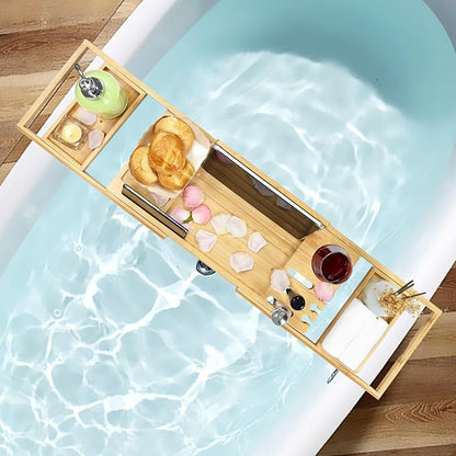 Bathtub Tray - Luxury Bamboo Bathtub Tray for Bath Accessories, Expandable Bath Caddy with Wine Glass Holder, for Her, Anniversary, Spa and Relaxation