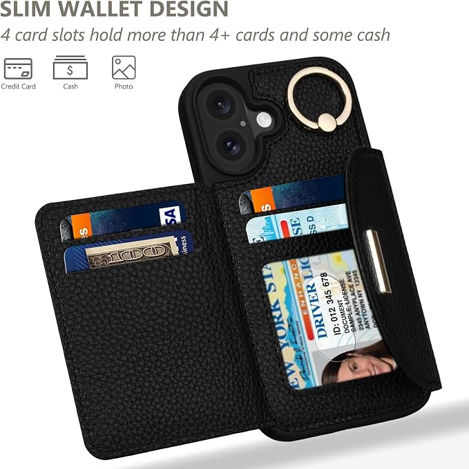 Keallce Wallet Case for iPhone 16 Plus 6.7'', Flip Case with Card Slots, Ring Holder Kickstand, PU Leather Protective Folio Cover for Women, Black