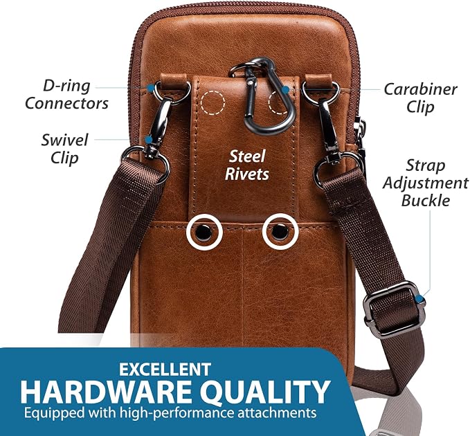 Hengwin Genuine Leather Phone Holster for Belt Men, Belt Clip Wallet Case Fit for iPhone 16/15/14/13/12 Pro Max, Samsung Galaxy S25 Ultra Belt Pouch, Travel Crossbody Cell Phone Purse Belt Bag (Brown)