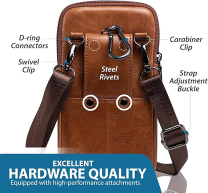 Hengwin Genuine Leather Phone Holster for Belt Men, Belt Clip Wallet Case Fit for iPhone 16/15/14/13/12 Pro Max, Samsung Galaxy S25 Ultra Belt Pouch, Travel Crossbody Cell Phone Purse Belt Bag (Brown)