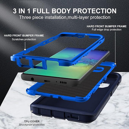 for Samsung Galaxy S10 Plus Case, with 2Pcs [Self Healing Flexible TPU Screen Protector & Camera Lens Protector] Military Grade 3 in 1 Heavy Duty Case for Galaxy S10 Plus (Navy Blue)