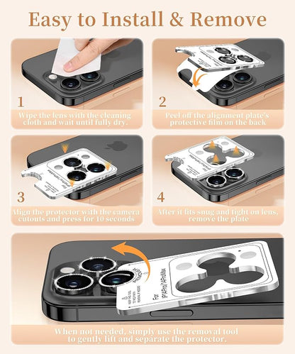 GolbinBox Camera Lens Protector for iPhone 14 Pro/14 Pro Max, 1:1 Invisible Fit, 9H Tempered Glass Ultra HD Metal Individual Camera Cover for Women, Case Friendly, Bling/Black