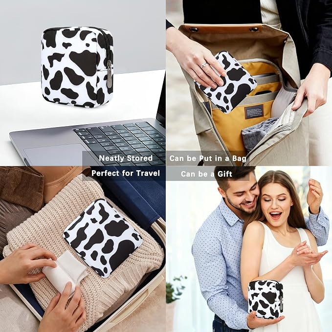 Tech Organizer Pouch, Small Multi-Pocket Electronics Case (Cow) | Water-resistant nylon, foam padding, metal zipper, travel cable bag for charger, power bank, earbuds, SD cards and USB cables