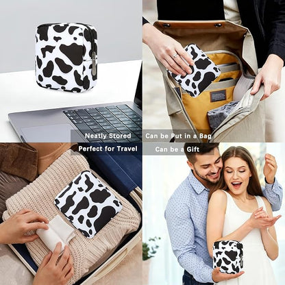 Tech Organizer Pouch, Small Multi-Pocket Electronics Case (Cow) | Water-resistant nylon, foam padding, metal zipper, travel cable bag for charger, power bank, earbuds, SD cards and USB cables