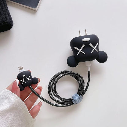 3D Cute Cartoon Charger Protector Case - Compatible for Apple 20W USB-C Power Adapter and Lightning Cable (Black Bear)