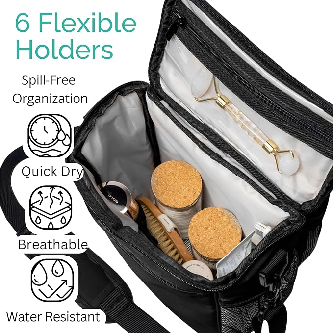 TERRA HOME Portable XL Shower Caddy Bag - College Dorm Room Essentials for Men, Women, Students - Foldable, Water Resistant with Hanging Keychain Hook and Shoulder Strap Shower Organizer Bag (Black)