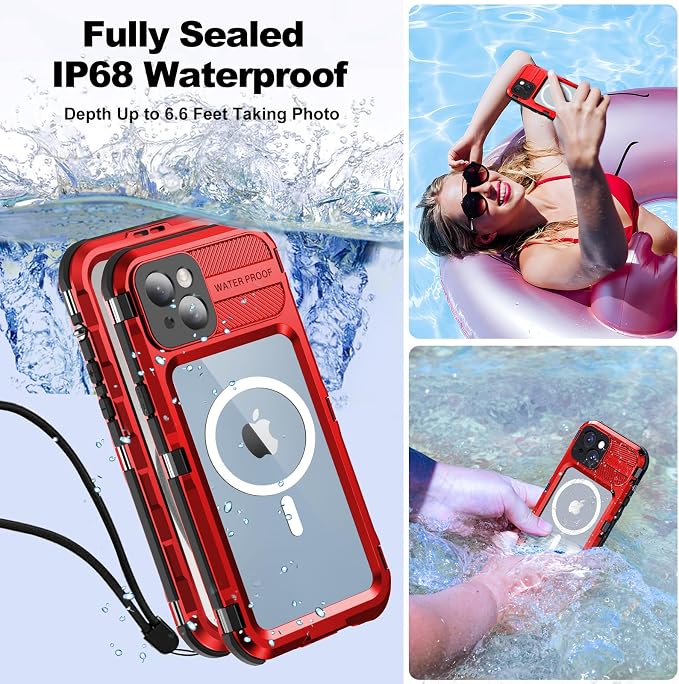 WIFORT for iPhone 15 Plus Waterproof Case - Built-in [Screen Protector][IP68 Water Proof][14FT Military Grade Shockproof], Rugged Metal Full Body Aluminum Protective Drop Protection Cover, 6.7" Red