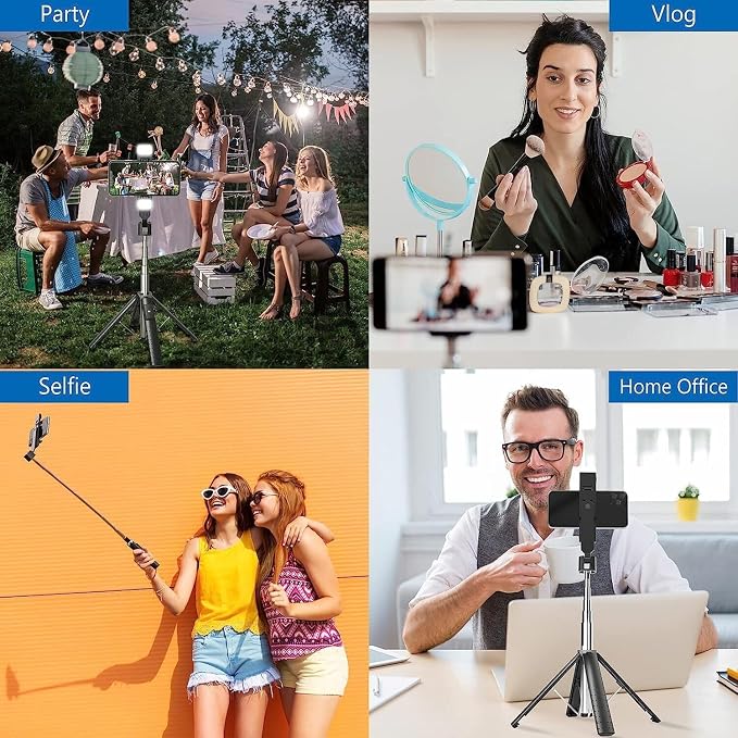 41” Selfie Stick Tripod Quadrapod with 2 Rechargeable Fill Light, Extendable Tripod with Bluetooth Remote, Stainless Steel, 3 Light Modes, 9 Brightness Levels, Compatible for All iPhone & Android