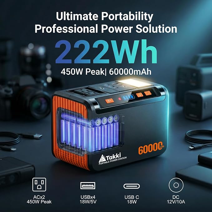 Takki Solar Generator 250W Portable Power Station with 40W Solar Panels 222Wh Pure Sine Wave Camping Lithium Battery Power Pack with AC 110V Outlet for Camping CPAP Home Use Emergency Outdoor