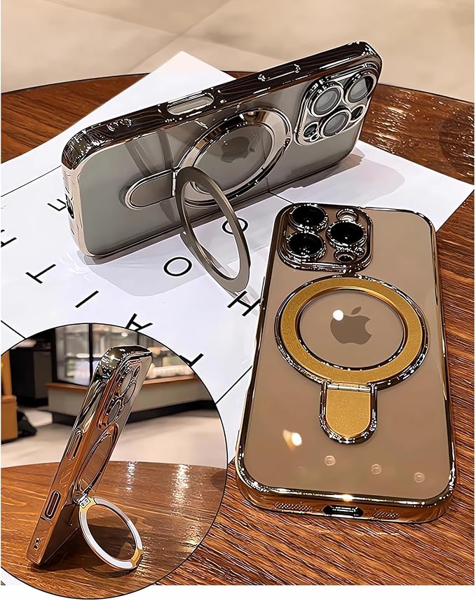 LXK Magnetic Invisible Stand for iPhone 16 Pro Case 6.3" Compatible with MagSafe, Military-Grade Protection, with Camera Protector, Clear Scratch-Resistant Back Cover for iPhone 16 Pro,Desert Titanium