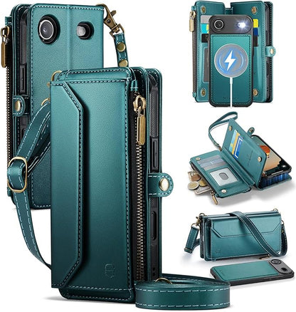Strapurs for iPhone Air Detachable Wallet Case Compatible with Magsafe for Women, RFID Blocking 9-Card Holder Zipper Strap Lanyard PU Leather Magnetic Phone Case for iPhone 17 Air 6.5", Blue Green