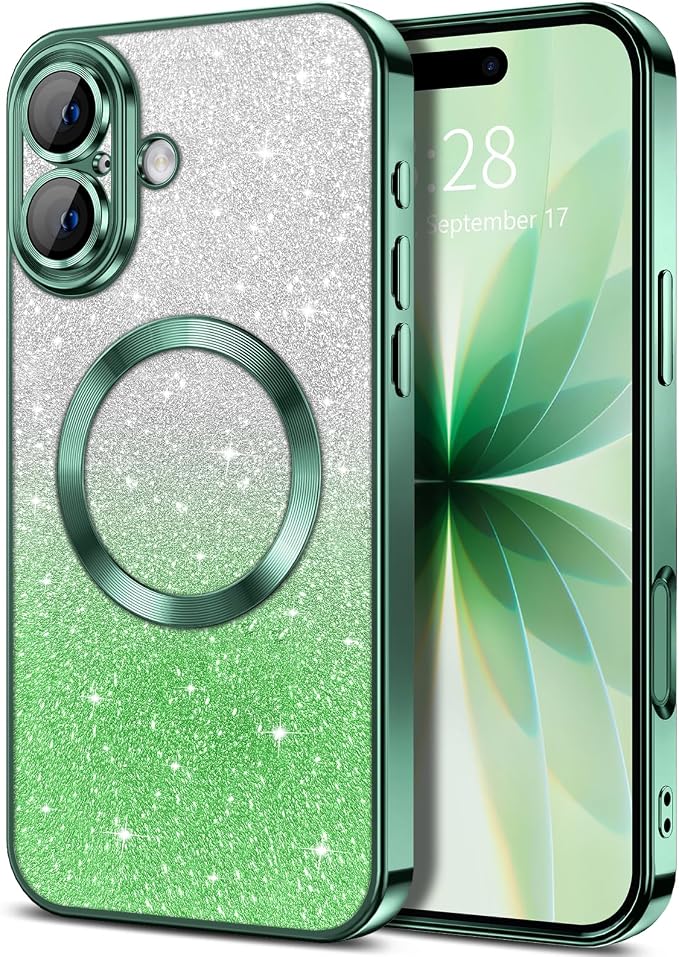 Hython for iPhone 17 Case Glitter Clear Magnetic Phone Cases [Compatible with MagSafe] Full Camera Lens Protector Sparkle Luxury Plating Slim Shockproof Protective Cover Women, Gradient Green