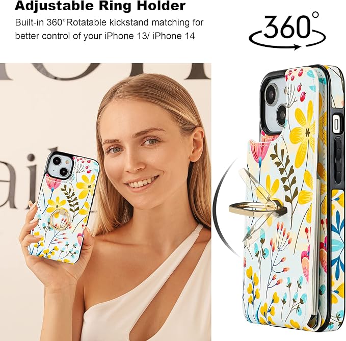 HAOPINSH for iPhone 13/ iPhone 14 Wallet Case with Card Holder, 360°Rotation Ring Kickstand, Floral Flower Pattern, RFID Blocking Leather for Girls Women, Double Buttons Flip Protective Cover 6.1"