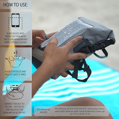 geckobrands Waterproof Phone Tote with 2L Dry Bag and Adjustable Strap – Protect Your Phone and Valuables While on The Go Neon Pink