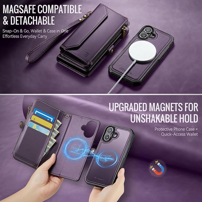 Strapurs for iPhone 16 Detachable Wallet Case Compatible with Magsafe for Women, RFID Blocking 9-Card Holder Zipper Wrist Strap Lanyard PU Leather Magnetic Phone Case for iPhone 16 6.1", Purple