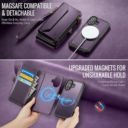 Strapurs for iPhone 17 Detachable Wallet Case Compatible with Magsafe for Women, RFID Blocking 9-Card Holder Zipper Wrist Strap Lanyard PU Leather Magnetic Phone Case for iPhone 17 6.3", Purple