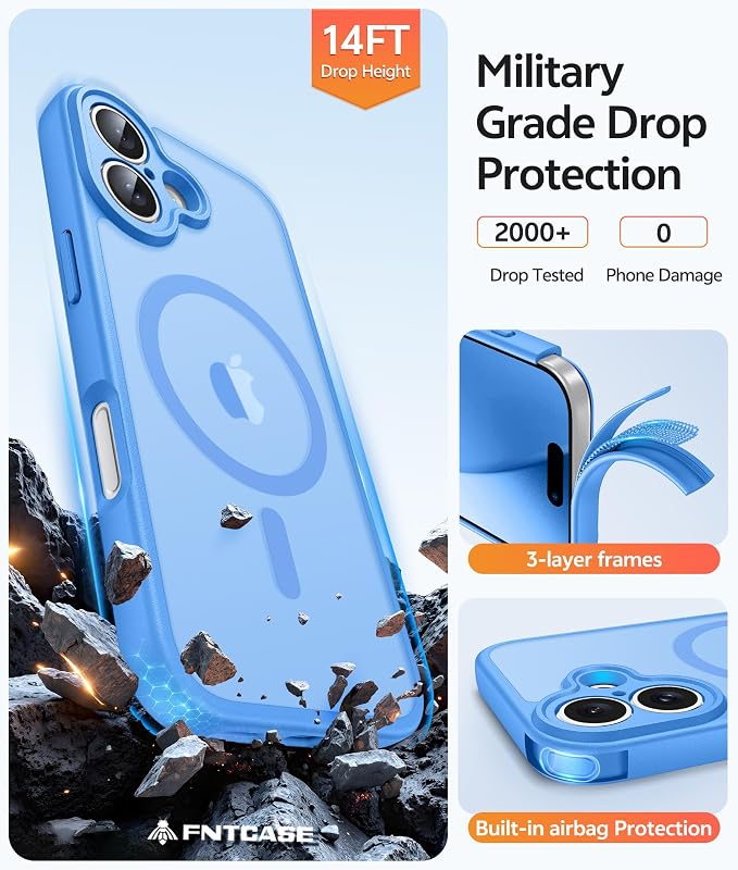 FNTCASE for iPhone 17 Case, Compatible with Magsafe, Glass Screen Protector | Full Camera Protection, Translucent Matte, 14FT Military Grade Drop Proof, Shockproof Protective Phone Cover, Ice Blue