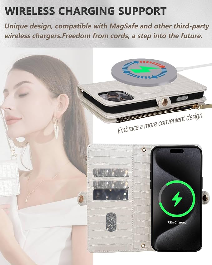 Crossbody Wallet Case for iPhone 16 Pro Max with Mirror, Wrist Strap, Zipper Purse Magnetic Flip RFID Blocking Card Holder, Wireless Charging, PU Leather Shockproof 6.9" Women (White)