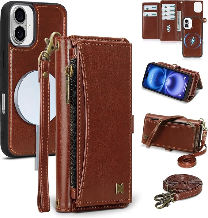 Wallet Case for iPhone 16 with Card Holder/Crossbody Wallet/Strap| RFID Blocking | Magnetic | Kickstand | Detachable | PU Leather Phone Case for iPhone 16,6.1 in,Brown