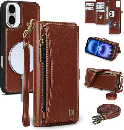 Wallet Case for iPhone 16 with Card Holder/Crossbody Wallet/Strap| RFID Blocking | Magnetic | Kickstand | Detachable | PU Leather Phone Case for iPhone 16,6.1 in,Brown