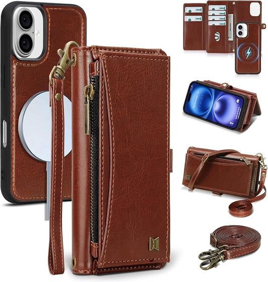 Wallet Case for iPhone 16 with Card Holder/Crossbody Wallet/Strap| RFID Blocking | Magnetic | Kickstand | Detachable | PU Leather Phone Case for iPhone 16,6.1 in,Brown