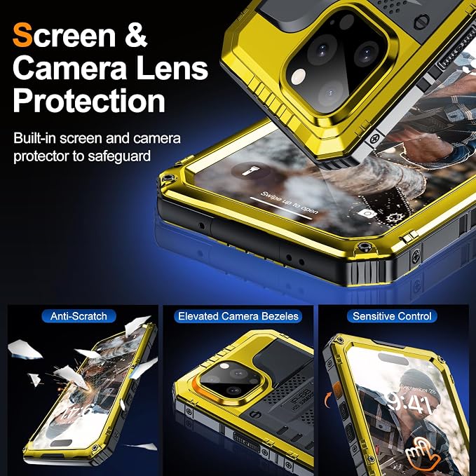 Mitywah Waterproof Case for iPhone 15 Pro, Heavy Duty Shockproof Case with Built-in Screen Protector, Full Body Underwater Protective Metal Case 6.1 inch, Yellow