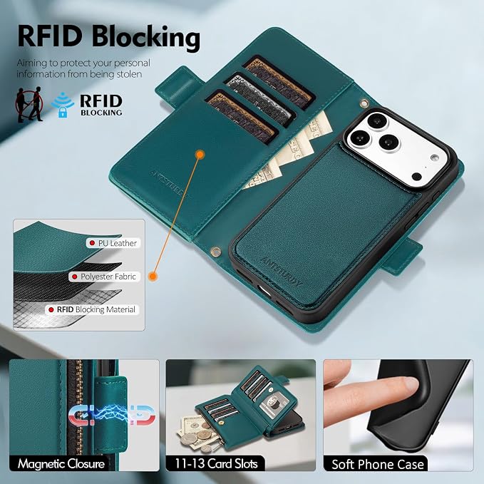 Antsturdy Compatible with Magsafe Magnetic 2 in 1 Detachable iPhone 17 Pro Wallet Case with Credit Card Holder Slots,PU Leather RFID Blocking Phone Cover Wrist Strap Zipper Women Men,Indigo Blue