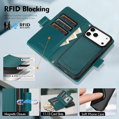 Antsturdy Compatible with Magsafe Magnetic 2 in 1 Detachable iPhone 17 Pro Wallet Case with Credit Card Holder Slots,PU Leather RFID Blocking Phone Cover Wrist Strap Zipper Women Men,Indigo Blue