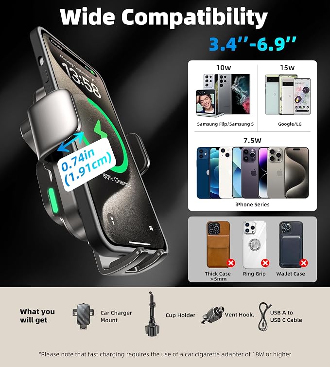 Dual Coil 15W Cup Phone Holder Mount,Wireless Car Charger Auto-Clamping Fast Charging Vent Phone Holders for Your Car for iPhone 17/17Pro/17Pro Max/16/15/14/13,Samsung Flip S25 S24 S23 S22 Ultra