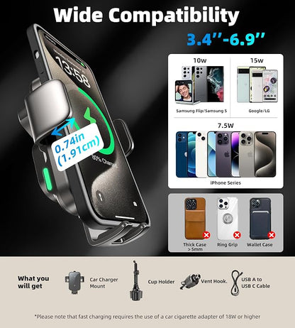 Dual Coil 15W Cup Phone Holder Mount,Wireless Car Charger Auto-Clamping Fast Charging Vent Phone Holders for Your Car for iPhone 17/17Pro/17Pro Max/16/15/14/13,Samsung Flip S25 S24 S23 S22 Ultra