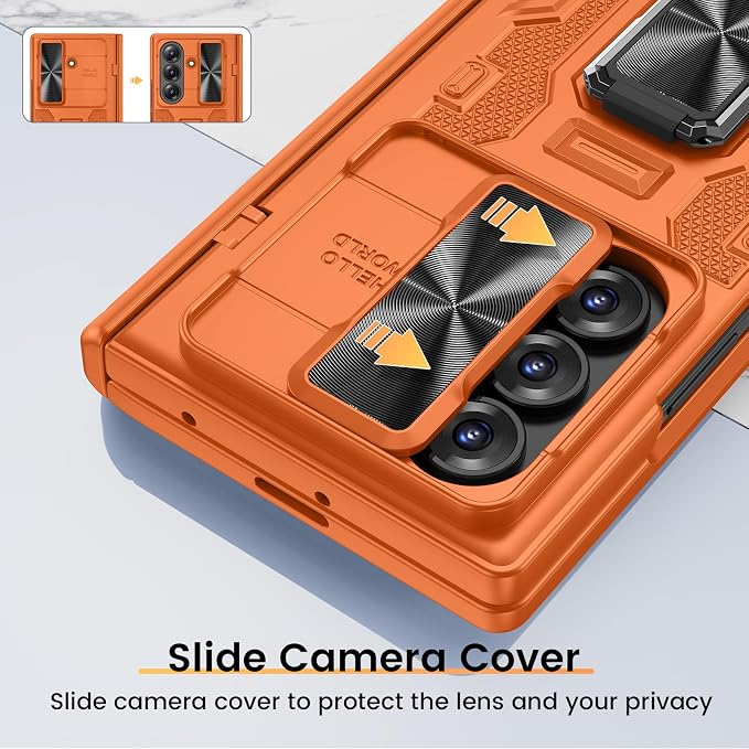 VEGO for Galaxy Z Fold 7 Phone Case with Screen Protector & Stand, Orange | Built-in Slide Lens Cover& Hinge Protection Heavy Duty Shockproof Drop Protection Rugged Hard Case for Samsung Z Fold 7