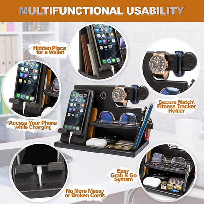 TESLYAR Wood Phone Docking Station for Men - Desk or Nightstand Organizer - Birthday Gifts for Husband, Dad - Anniversary Idea from Wife - Key Holder, Stand Wallet, Watch & Essentials (Granite Black)