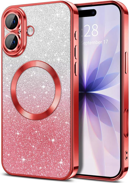 Hython for iPhone 17 Case Glitter Clear Magnetic Phone Cases [Compatible with MagSafe] Full Camera Lens Protector Sparkle Luxury Plating Slim Shockproof Protective Cover Women, Gradient Red