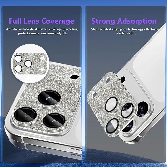 Camera Lens Protector for iPhone 17 Pro, Bling Glitter Camera Cover with 9H Tempered Glass Metal Ring, Anti-Scratch Lens Protector for iPhone 17 Pro (Glitter - Gray)