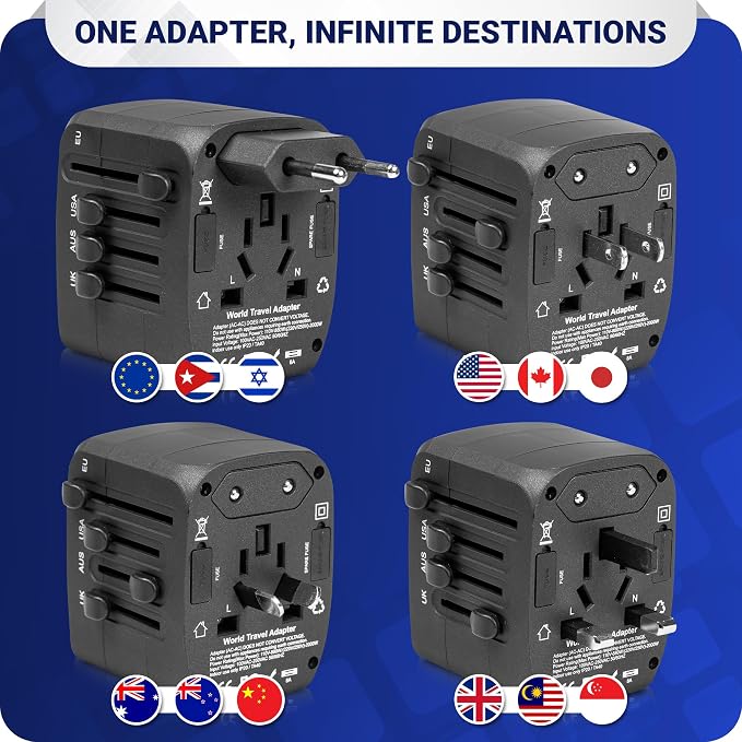 Universal International Travel Power Adapter W/High Speed 2.4A USB, 3.0A Type-C Wall Charger, European Adapter, Worldwide AC Outlet Plugs Adapters for Europe, UK, US, AU, Asia (Black)