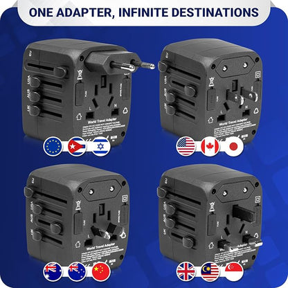 Universal International Travel Power Adapter W/High Speed 2.4A USB, 3.0A Type-C Wall Charger, European Adapter, Worldwide AC Outlet Plugs Adapters for Europe, UK, US, AU, Asia (Black)