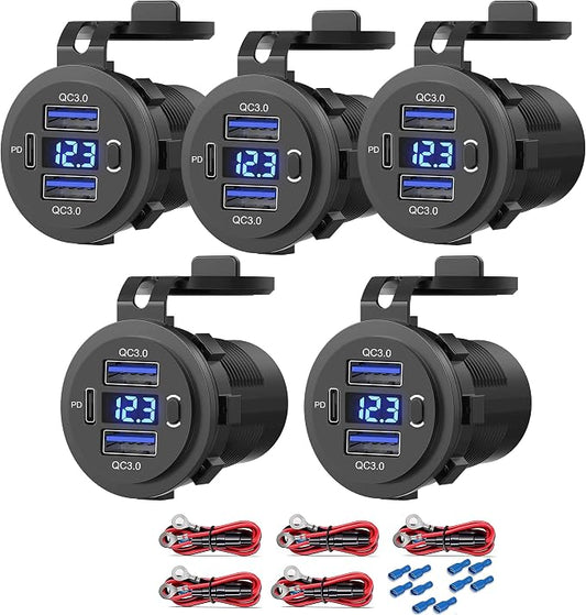 Zennova [5 Pack] 12v USB Outlet, Dual USB Quick Charge 3.0 Port and PD USB C Car Charger Socket Waterproof with Voltmeter and Power Switch for Car Golf Cart Boat Marine Bus Truck RV Marine Motorcycle