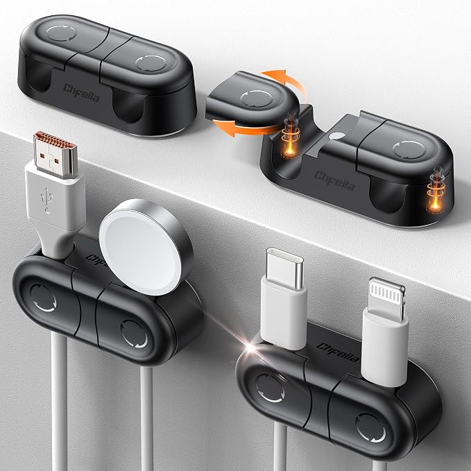 Magnetic Cable Clips - Chfeila 4Pack [Dual Slot] [360°Rotating & Twist-Lock] Cord Management, Adhesive Phone Charging Keeper, Wire Organizer Holder for Nightstand, Home Office Desk Accessories Decor