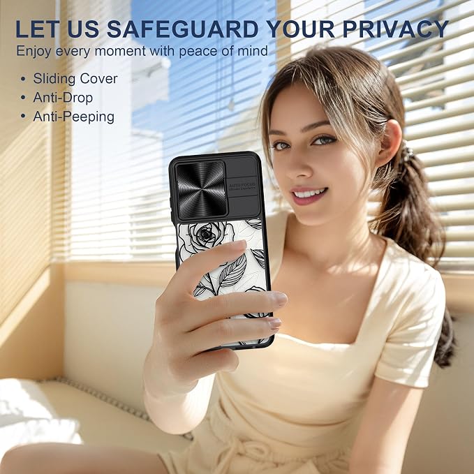 for Motorola Moto G 5G 2025 Case with Rose, Metal Slide Camera Cover, Screen Protector, Anti-Peeping Privacy Safeguard, Camera Lens Protector Phone Case for Moto G 5G 2025