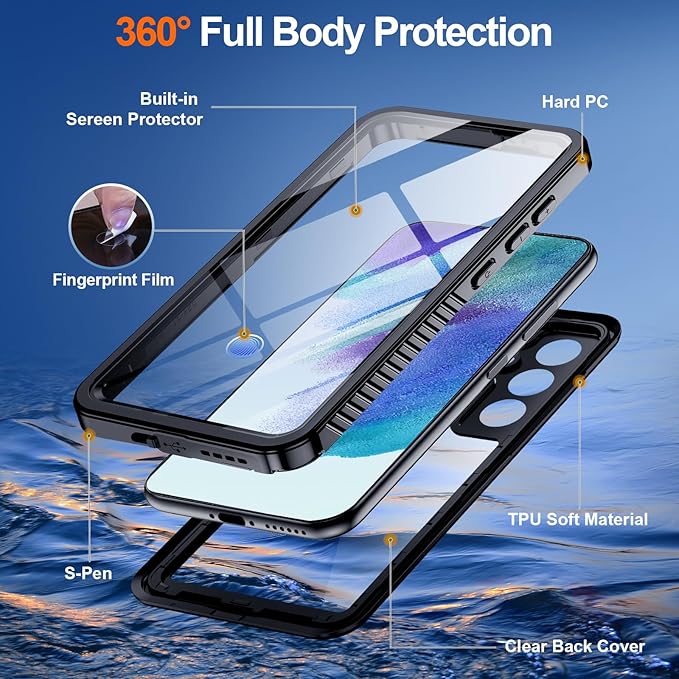 Hualele for Samsung Galaxy S21 FE Case Waterproof, Built in Lens & Screen Protector Rugged Full Body Protective Military Grade Drop Protection IP68 Underwater Cover Case for Galaxy S21 FE 5G Black
