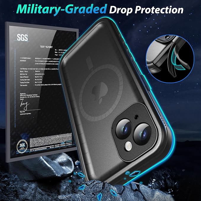 SPORTLINK for iPhone 13 Case Waterproof - Buit in Screen Protector [Compatible with MagSafe][IP68 Underwater][6.6FT Military Dropproof][Dustproof] Full Body Shockproof Case 6.1" Black