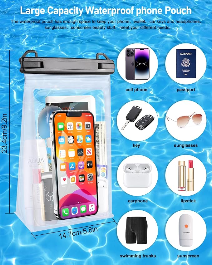 Large Waterproof Phone Pouch, Floating Dry Bag for iPhone 14 13 12 Pro Max Galaxy S22 S21 Large Capacity Waterproof Bag Sunscreen Glasses Storage Universal Dry Pouch for Swimming Rafting Boating