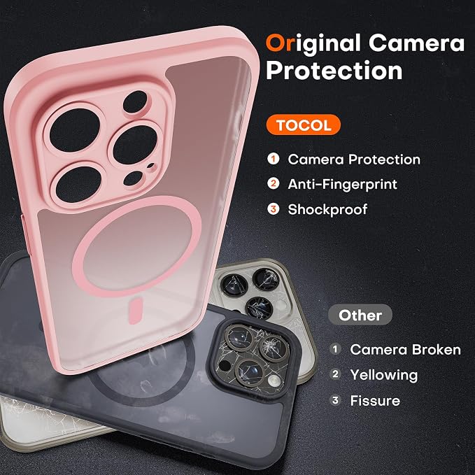 TOCOL Magnetic for iPhone 13 Pro Case Upgraded Full Camera Protection Compatible with Magsafe 13FT Military Grade Protection Bumper for Light Pink