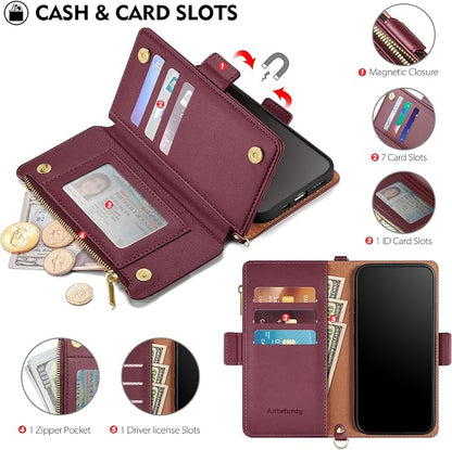 Antsturdy Compatible with iPhone 16 Plus Wallet Case for Women【RFID Blocking】 Crossbody Phone Case PU Leather Zipper with Wrist Strap Flip Cover Credit Card Holder for Apple 16 Plus 6.7",Wine Red