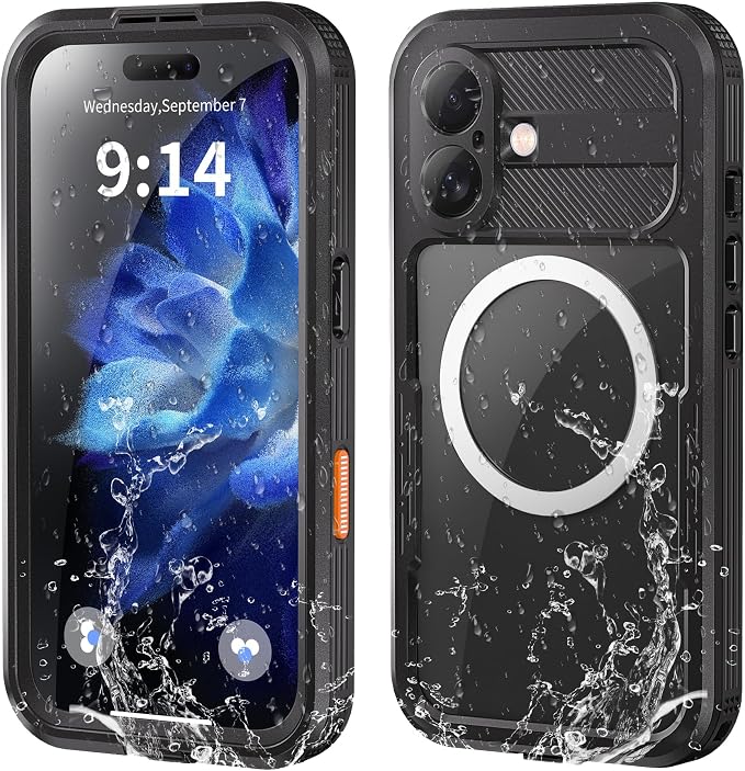 Omio Designed for iPhone 16 Waterproof Case Compatible with MagSafe, Magnetic Waterproof Full Body IP68 Underwater Case Built-in Screen Protector Military Grade Shockproof Case for Men Women Black