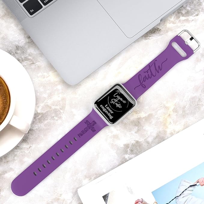 Faith with Cross Watch Band Compatible with Apple Watch Laser Engraved iWatch Band Silicone 38mm 40mm 41mm 42mm 44mm 45mm 46mm 49mm Strap Jesus Psalm Christian God Blessed (Purple, 38/40/41mm M/L)